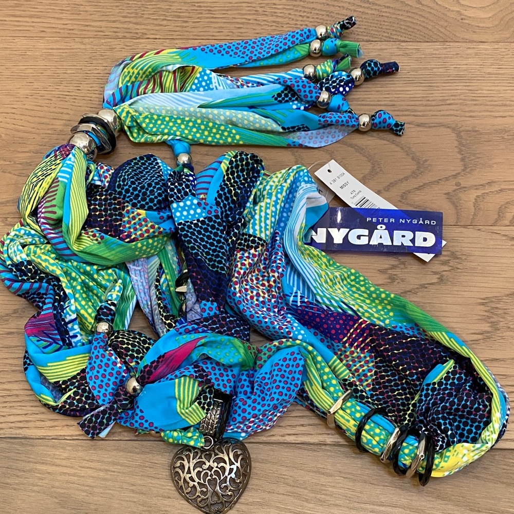 NWT Peter Nygard Vibrant Blue and Green Scarf with Charms (can be used as a belt